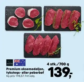 SuperBrugsen Premium oksemedaljon, tykstegs- eller peberbøf tilbud
