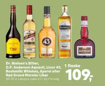 SuperBrugsen Dr. nielsen's bitter, o.p. anderson aquavit, licor 43, bushmills whiskey, aperol eller rød grand marnier likør tilbud