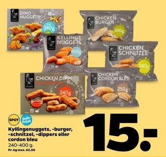 Kyllingenuggets, -burger, -schnitzel, -dippers eller cordon bleu