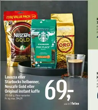 Føtex Lavazza eller starbucks helbønner, nescafé gold eller original instant kaffe tilbud