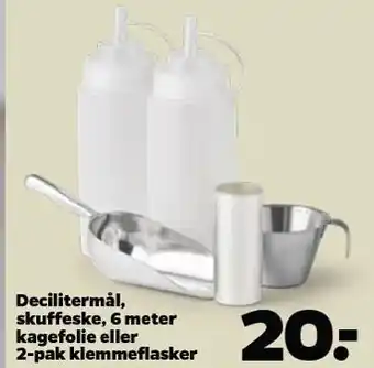 Decilitermål, skuffeske, 6 meter kagefolie eller 2-pak klemmeflasker
