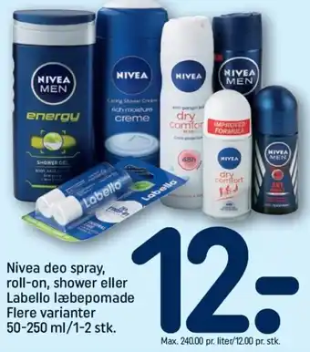 REMA 1000 Nivea Deo Spray,Roll-On Shower Eller Labello Læbepomade 50-250ml tilbud