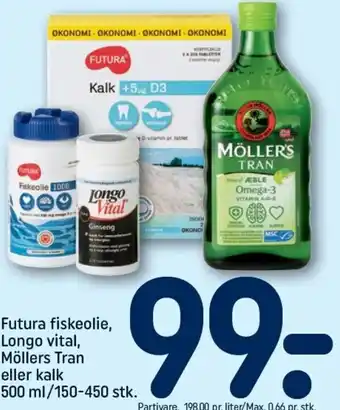 REMA 1000 Futura Fiskeolie Longo Vital,Möllers Tran Eller Kalk 500ml tilbud