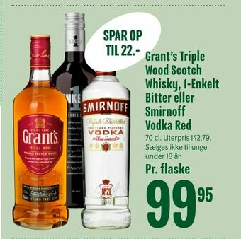 Min Købmand Grant's Triple Wood Scotch Whisky, 1-Enkelt Bitter eller Smirnoff Vodka Red tilbud