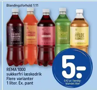 REMA 1000 Rema 1000 sukkerfri læskedrik flere varianter 1 liter. ex. pant tilbud