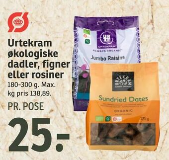 SPAR Urtekram økologiske dadler, figner eller rosiner tilbud