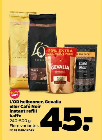 Netto L'OR helbønner, Gevalia eller Café Noir instant refill kaffe tilbud