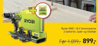Johannes Fog Ryobi one+ 18 v boremaskine 2 batterier, lader og tilbehør tilbud