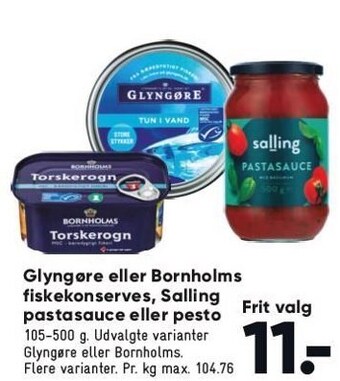 Bilka Glyngøre eller bornholms fiskekonserves, salling pastasauce eller pesto tilbud