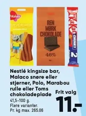 Bilka Nestlé kingsize bar, malco snøre eller stjerner, polo, marabou rulle eller toms chokoladeplade tilbud