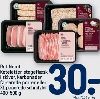 Ret nemt koteletter, stegeflæsk i skiver, karbonader, farserede porrer eller xl panerede schnitzler