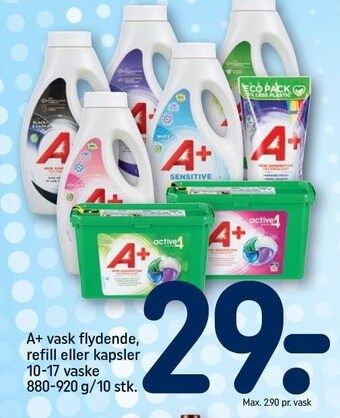 REMA 1000 A+ vask flydende, refill eller kapsler 10-17 vaske tilbud