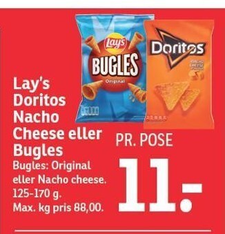 SPAR Lay's, doritos nacho cheese eller bugles tilbud