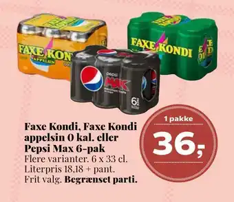 Dagli'Brugsen Faxe kondi, faxe kondi appelsin kal. eller pepsi max 6-pak tilbud
