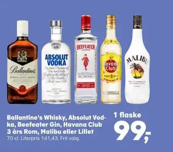 Kvickly Ballantine's whisky, absolut vod ka, beefeater gin, havana club 3 års rom, malibu eller lillet tilbud