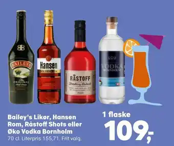 Kvickly Bailey's likør, hansen rom, råstoff shots eller øko vodka bornholm tilbud