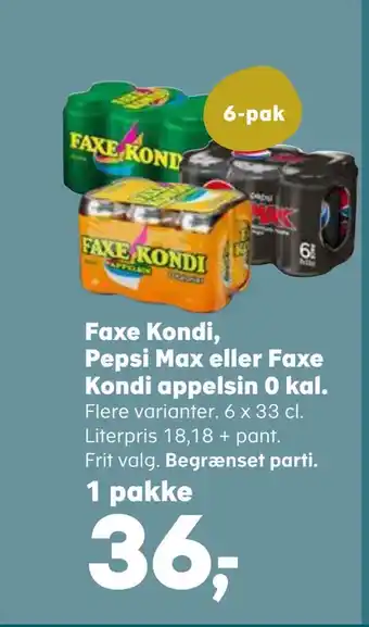 SuperBrugsen Faxe kondi, pepsi max eller faxe kondi appelsin 0 kal tilbud