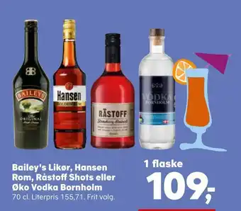 SuperBrugsen Bailey's likør, hansen rom, råstoff shots eller øko vodka bornholm tilbud