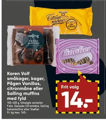 Bilka Karen volf småkager, kager, pågen vanillas, citronmåne eller salling muffins med fyld tilbud