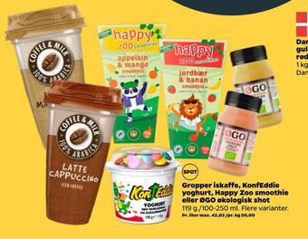 Netto Gropper iskaffe, konfeddie yoghurt, happy zoo smoothie eller øgo økologisk shot tilbud