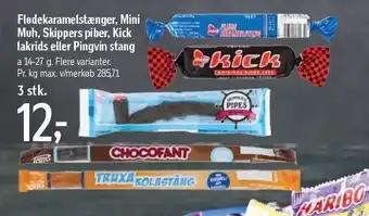 Føtex Flødekaramelstænger, mini, muh, skippers piber, kick lakrids 3 stk. el. pingvin stand tilbud