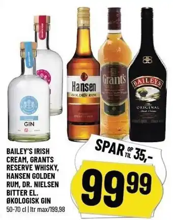 Løvbjerg Bailey's irish cream, grants reserve whisky, hansen golden rum, dr. nielsen bitter el. øko gin tilbud