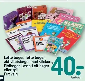 REMA 1000 Lotte bøger,totte bøger, aktivitetsbøger m. stickers, pixibøger, lasse-leif bøger el. spil tilbud