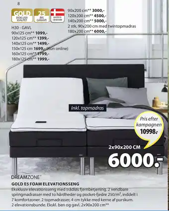 JYSK Dreamzone Gold Es Foam Elevationsseng 2x90x200 cm tilbud