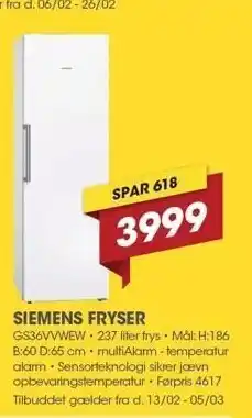 Punkt1 Siemens fryser 237 liter tilbud