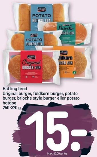 REMA 1000 Hatting brød original burger, fuldkorn burger, potato burger, brioche style burger eller potato hotdog tilbud