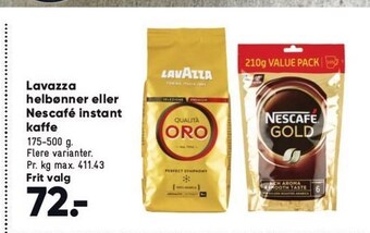 Bilka Lavazza helbønner eller nescafé instant kaffe tilbud