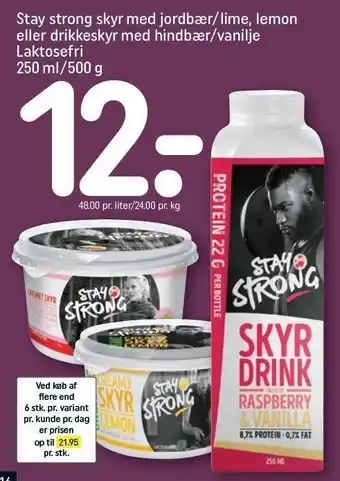REMA 1000 Stay strong skyr med jordbær/lime, lemon eller drikkeskyr med hindbær/vanilje tilbud