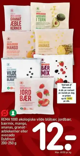 REMA 1000 Rema 1000 økologiske vilde blåbær, jordbær, bærmix, mango, ananas, granatæblekerner eller avocado tilbud