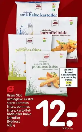 REMA 1000 Gram slot økologiske ekstra store pommes frites, pommes frites, kartoffelbåde eller halve kartofler tilbud