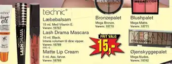 Technic læbebalsam, lash drama mascara, matte lip cream, bronzepalet, blushpalet eller øjenskyggepalet