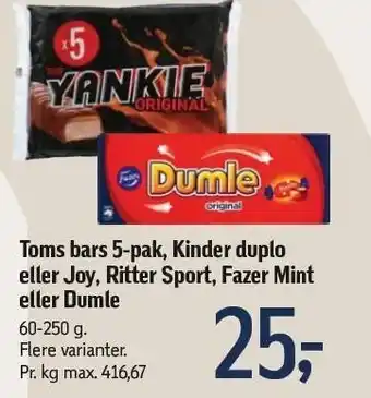 Føtex Toms bars 5-pak, kinder duplo eller joy, ritter sport, fazer mint eller dumle tilbud