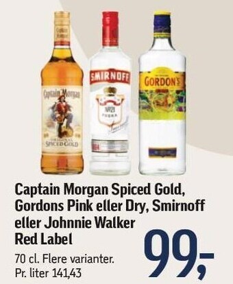 Captain morgan spiced gold, gordons pink eller dry, smirnoff eller johnnie walker red label