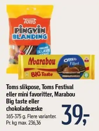 Føtex Toms slikpose, toms festival eller mini favoritter, marabou big taste eller chokooladeæske tilbud