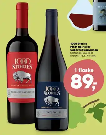 Kvickly 1000 stories pinot noir eller cabernet sauvignon tilbud