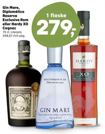 Kvickly Gin mare, diplomático reserva exclusiva rom eller hardy xo cognac tilbud
