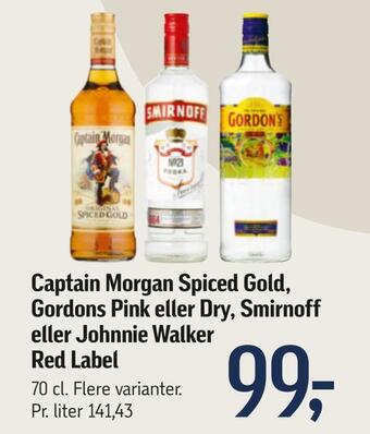 Captain morgan spiced gold, gordons pink eller dry, smirnoff eller johnnie walker red label