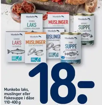REMA 1000 Munkebo Laks, Muslinger eller Fiskesuppe i Dåse 110-400g tilbud