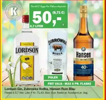 Lordson Gin, Zubrowka Vodka, Hansen Rum Blau