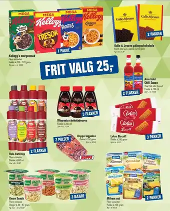 Kellogg's morgenmad, galle & jessen pålægschokolade, asia gold chili sauce, lotus biscoff, winsenia chokoladesovs, hela ketch