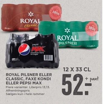 MENY Royal pilsner eller classic, faxe kondi eller pepsi max tilbud