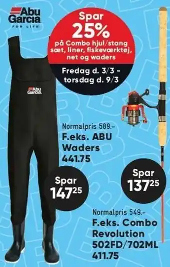 Bilka Spar 25% på combo hjul/stang sæt, liner, fiskeværktøj, net og waders tilbud
