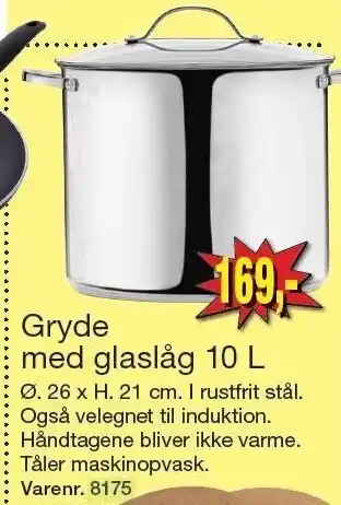 Gryde m. glaslåg 10l