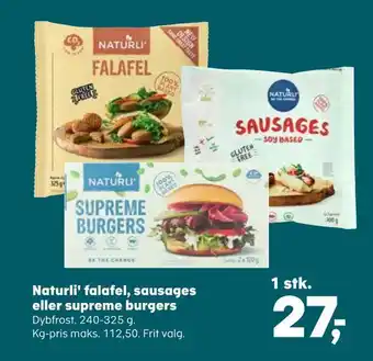 Kvickly Naturli' falafel, sausages eller supreme burgers tilbud