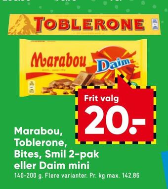 Bilka Marabou, toblerone, bites, smil 2-pak eller daim mini tilbud