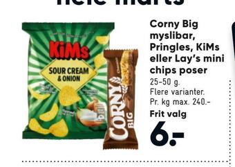 Bilka Corny big myslibar, pringles, kims eller lay's mini chips poser tilbud